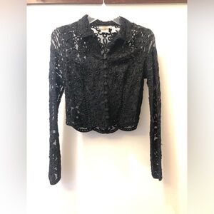 Cache Black Lace Long Sleeve Crop Button Front Top